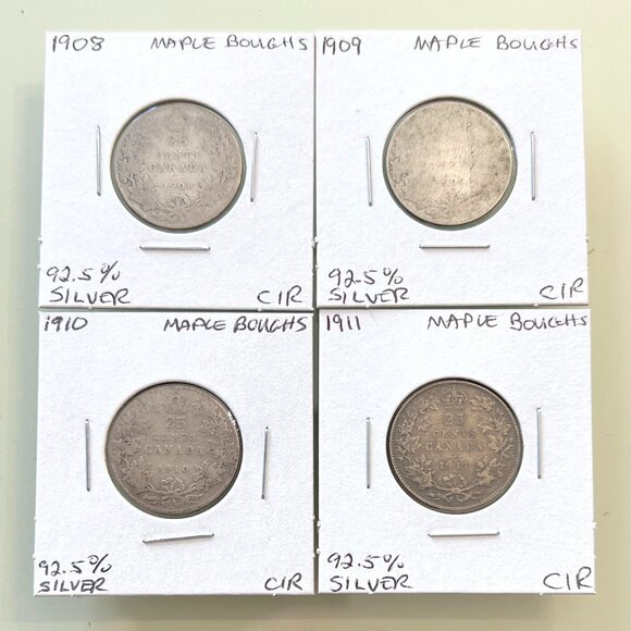 1908, 1909, 1910 & 1911 Canada Sterling Silver 4 x 25¢ Coins! - Picture 1 of 13